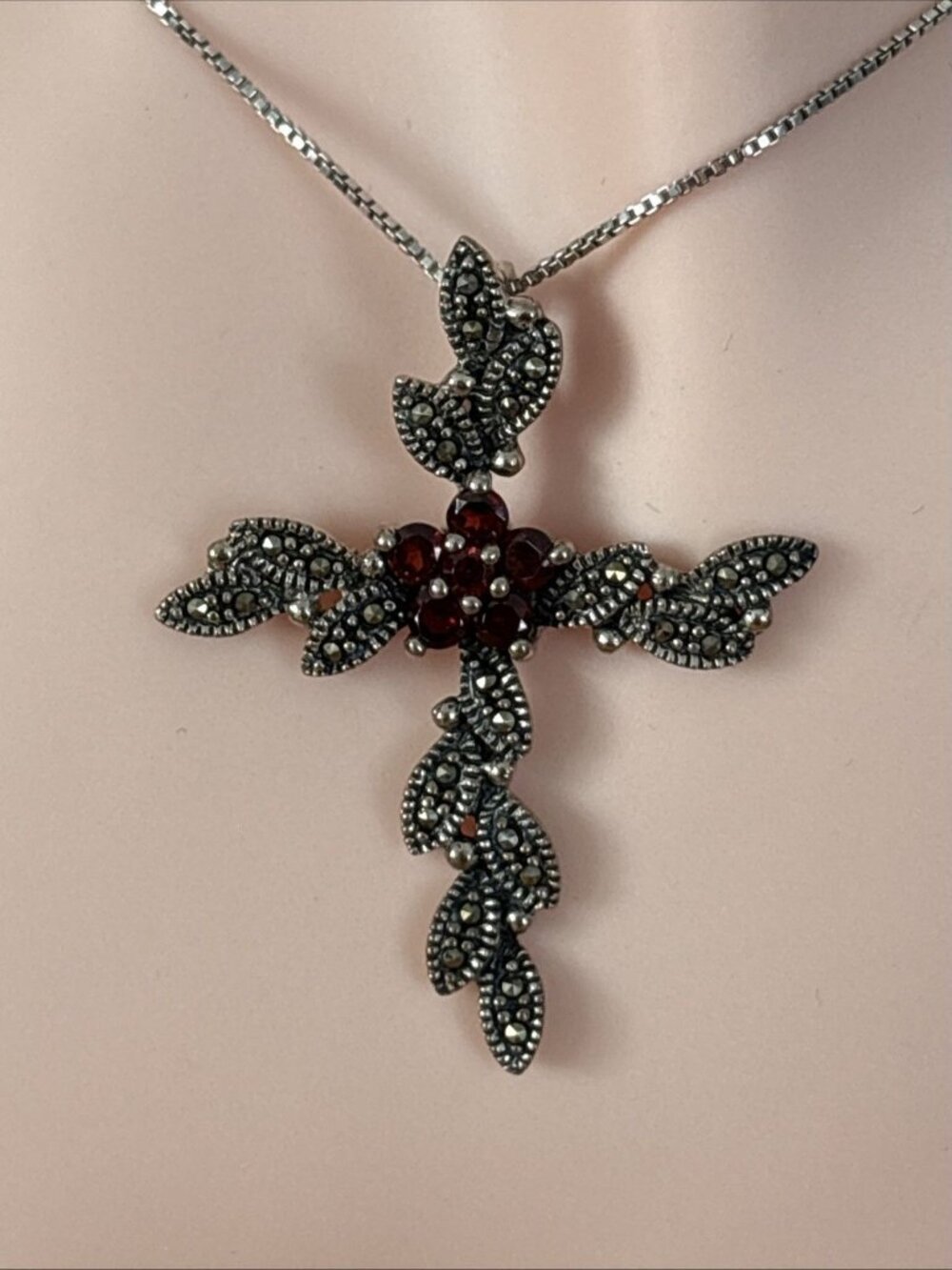 Sterling Silver Marcasite Garnet Cross Pendant Necklace 18" Box Chain